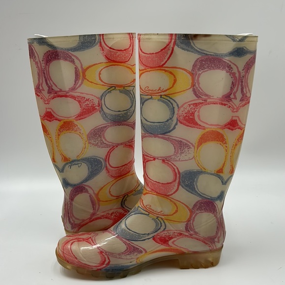 COACH PIXY DREAM MULTI COLOR RUBBER RAIN BOOT WOMEN SIZE 8 PINK PURPLE ORANGE - Picture 4 of 9